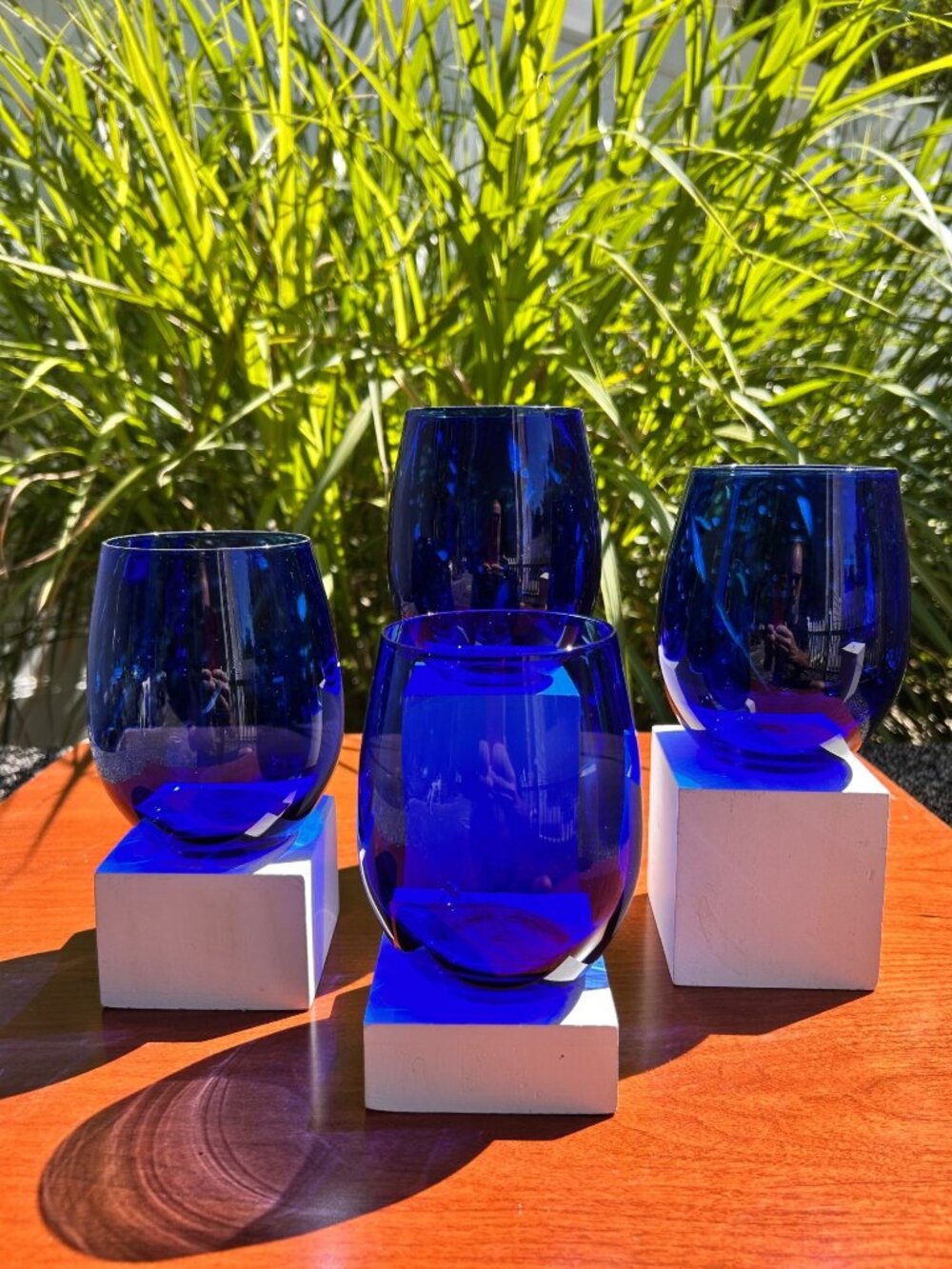 Vibrant Cobalt Blue Stemless Wine Glasses. "